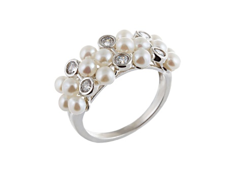 3-4mm White Button Cultured Freshwater Pearl and Cubic Zirconia Rhodium Over Silver Ring