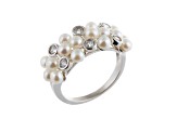 3-4mm White Button Cultured Freshwater Pearl and Cubic Zirconia Rhodium Over Silver Ring