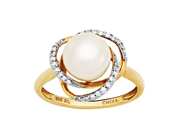 Picture of 8mm Round White Freshwater Pearl and 0.13ctw Diamond 10K Yellow Gold Swirl Halo Ring