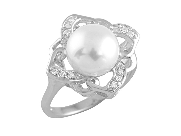 9-10mm White Button Cultured Freshwater Pearl and Cubic Zirconia Rhodium Over Silver Ring