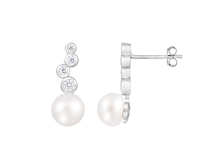 7-8mm White Cultured Freshwater Pearl and Cubic Zirconia Rhodium Over Sterling Silver Earrings