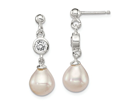 Sterling Silver Polished Freshwater Cultured Pearl and CZ Post Dangle ...