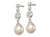 Sterling Silver Polished Freshwater Cultured Pearl and CZ Post Dangle Earrings