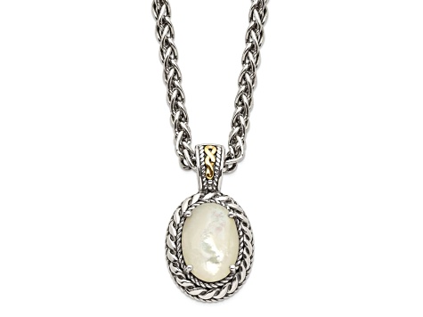 Sterling Silver with 14K Accent Antiqued Mother Of Pearl Necklace