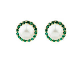 7-7.5mm Round White Freshwater Pearl and Emerald 10K Yellow Gold Halo Stud Earrings