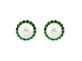 7-7.5mm Round White Freshwater Pearl and Emerald 10K Yellow Gold Halo Stud Earrings