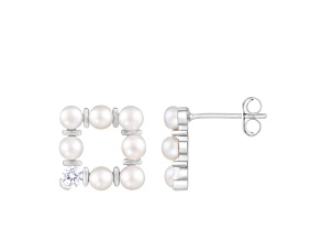 2.5-3mm White Cultured Freshwater Pearl and Cubic Zirconia Rhodium Over Sterling Silver Earrings