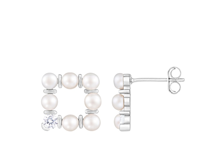 2.5-3mm White Cultured Freshwater Pearl and Cubic Zirconia Rhodium Over Sterling Silver Earrings