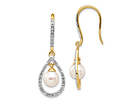 14K Yellow Gold 6-7mm White Round Freshwater Cultured Pearl 0.02ct. Diamond Dangle Earrings