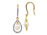 14K Yellow Gold 6-7mm White Round Freshwater Cultured Pearl 0.02ct. Diamond Dangle Earrings