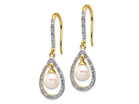 14K Yellow Gold 6-7mm White Round Freshwater Cultured Pearl 0.02ct. Diamond Dangle Earrings