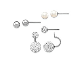 Rhodium Over Sterling Silver 3 pair MOP and Crystal Front Dangle Back Earring Set