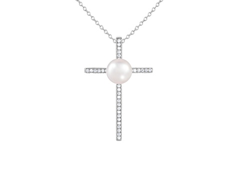 8-9mm Drop White Cultured Freshwater and Cubic Zirconia Pearl Rhodium Over Sterling Silver Pendant