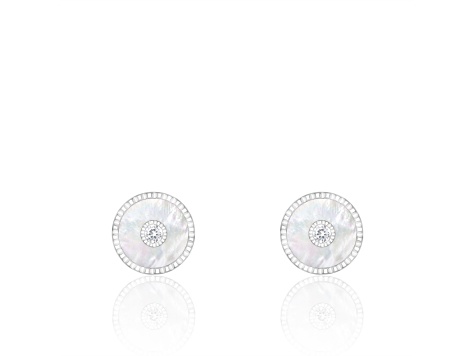 White Cultured Freshwater Pearl MOP and Cubic Zirconia Rhodium Over Sterling Silver Earrings