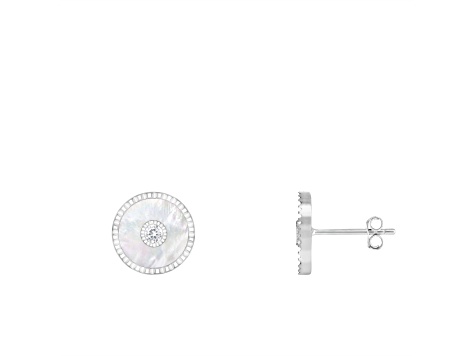 White Cultured Freshwater Pearl MOP and Cubic Zirconia Rhodium Over Sterling Silver Earrings