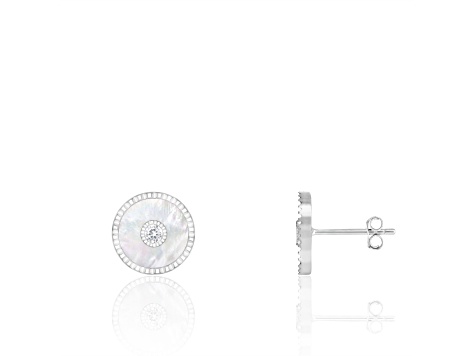 White Cultured Freshwater Pearl MOP and Cubic Zirconia Rhodium Over Sterling Silver Earrings