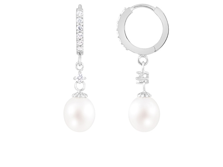 7-8mm White Cultured Freshwater Pearl and Cubic Zirconia Rhodium Over Sterling Silver Earrings