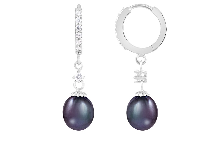 7-8mm Black Cultured Freshwater Pearl and Cubic Zirconia Rhodium Over Sterling Silver Earrings