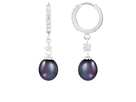 7-8mm Black Cultured Freshwater Pearl and Cubic Zirconia Rhodium Over Sterling Silver Earrings