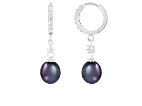 7-8mm Black Cultured Freshwater Pearl and Cubic Zirconia Rhodium Over Sterling Silver Earrings
