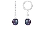 7-8mm Black Cultured Freshwater Pearl and Cubic Zirconia Rhodium Over Sterling Silver Earrings
