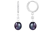7-8mm Black Cultured Freshwater Pearl and Cubic Zirconia Rhodium Over Sterling Silver Earrings