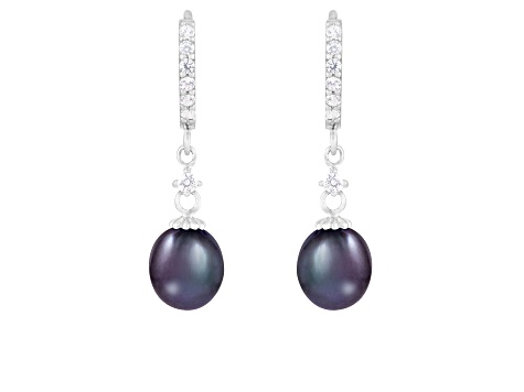 7-8mm Black Cultured Freshwater Pearl and Cubic Zirconia Rhodium Over Sterling Silver Earrings
