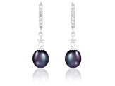 7-8mm Black Cultured Freshwater Pearl and Cubic Zirconia Rhodium Over Sterling Silver Earrings