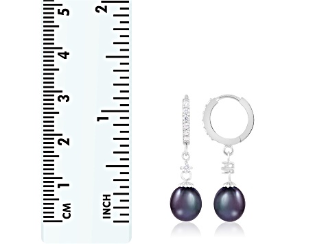 7-8mm Black Cultured Freshwater Pearl and Cubic Zirconia Rhodium Over Sterling Silver Earrings