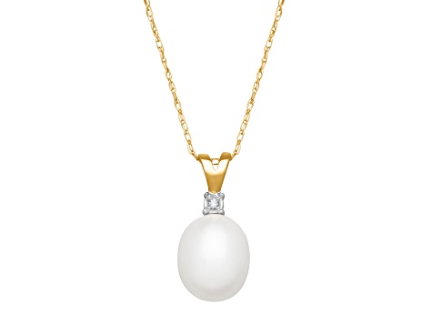 White Freshwater Pearl with Diamond Accent 10K Yellow Gold Pendant with Chain