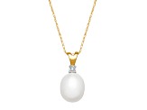 White Freshwater Pearl with Diamond Accent 10K Yellow Gold Pendant with Chain