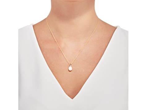 White Freshwater Pearl with Diamond Accent 10K Yellow Gold Pendant with Chain