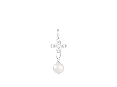 White Cultured Freshwater Pearl and Diamond 14K White Gold Pendant 6-6.5mm