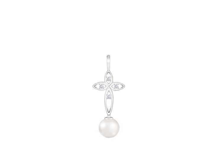 White Cultured Freshwater Pearl and Diamond 14K White Gold Pendant 6-6.5mm