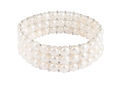 6-7mm White Cultured Freshwater Pearl Silver  Bracelet