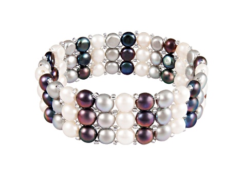 6-7mm Black, Silver, and White Cultured Freshwater Pearl Silver  Bracelet