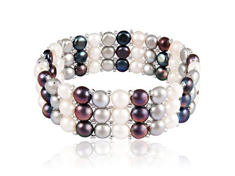 6-7mm Black, Silver, and White Cultured Freshwater Pearl Silver  Bracelet