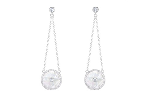 White Cultured Freshwater Pearl MOP and Cubic Zirconia Rhodium Over Sterling Silver Earrings