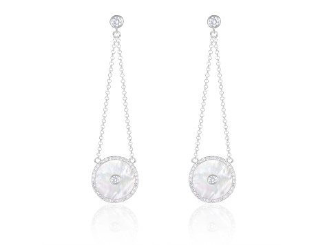 White Cultured Freshwater Pearl MOP and Cubic Zirconia Rhodium Over Sterling Silver Earrings