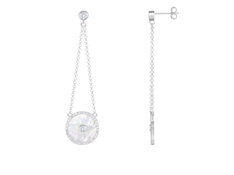 White Cultured Freshwater Pearl MOP and Cubic Zirconia Rhodium Over Sterling Silver Earrings
