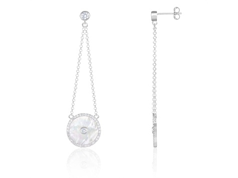 White Cultured Freshwater Pearl MOP and Cubic Zirconia Rhodium Over Sterling Silver Earrings