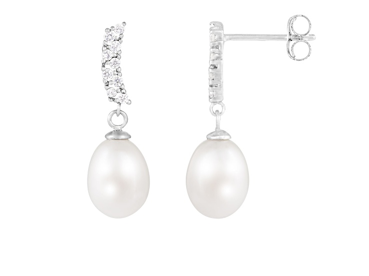 7.5-8mm White Cultured Freshwater Pearl and Cubic Zirconia Rhodium Over Sterling Silver Earrings