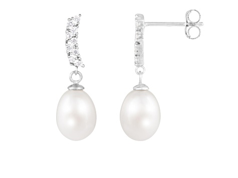 7.5-8mm White Cultured Freshwater Pearl and Cubic Zirconia Rhodium Over Sterling Silver Earrings