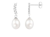 7.5-8mm White Cultured Freshwater Pearl and Cubic Zirconia Rhodium Over Sterling Silver Earrings