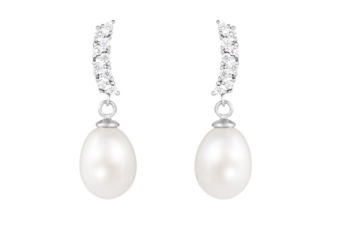 7.5-8mm White Cultured Freshwater Pearl and Cubic Zirconia Rhodium Over Sterling Silver Earrings