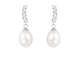 7.5-8mm White Cultured Freshwater Pearl and Cubic Zirconia Rhodium Over Sterling Silver Earrings