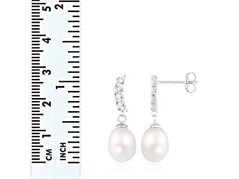 7.5-8mm White Cultured Freshwater Pearl and Cubic Zirconia Rhodium Over Sterling Silver Earrings