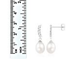 7.5-8mm White Cultured Freshwater Pearl and Cubic Zirconia Rhodium Over Sterling Silver Earrings