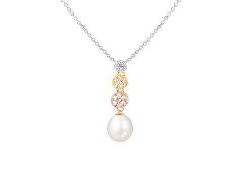 8-9mm Drop White Cultured Freshwater Pearl and CZ 14K Tri-color Gold Over Sterling Silver