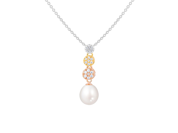 8-9mm Drop White Cultured Freshwater Pearl and CZ 14K Tri-color Gold Over Sterling Silver
